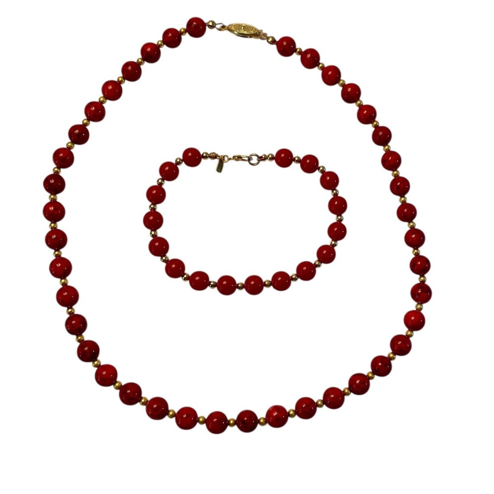 Monet Beaded Necklace Bracelet Set Red w Gold Tone Statement Vintage